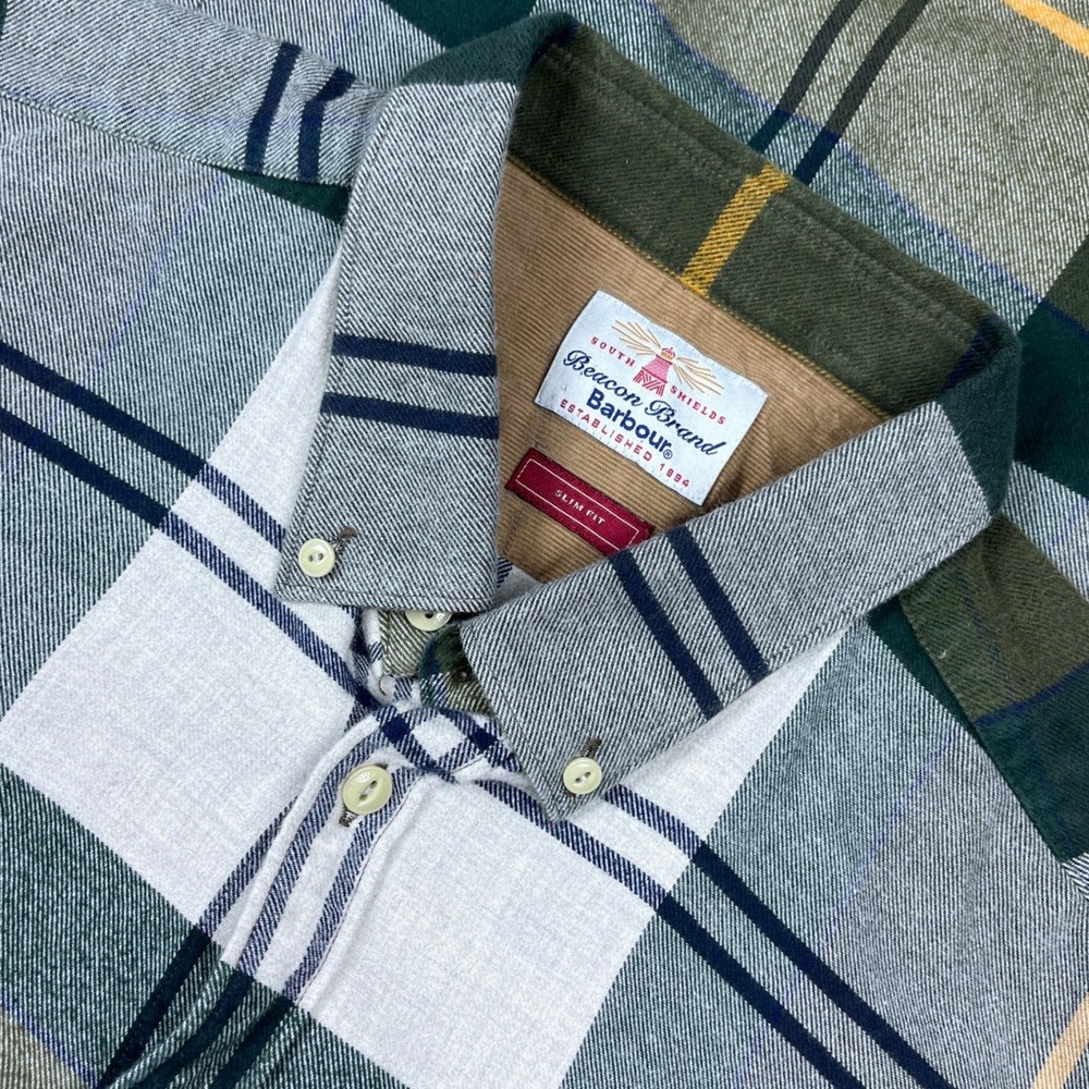Barbour Beacon Brand Mens Slim Fit Plaid Flannel Button Down Shirt Green Grey L